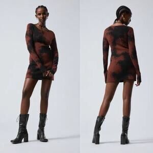 Weekday Josie Jacquard Dress Women's Size L Terracotta Mini Thumbhole Abstract